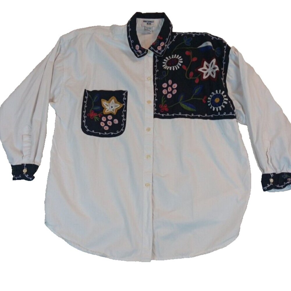 Vintage Northwest White/Black‎ Floral Embroidered Button-Up Shirt/Blouse 42/22W